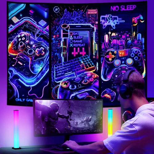 Vista 3 de Galoker Tapiz de luz negra para juegos, tapiz de controlador de juego de neón genial, tapiz reactivo a los rayos UV, tapices de pared para jugadores