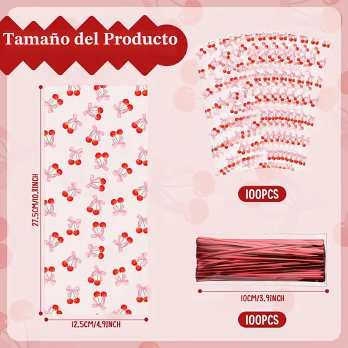 Vista 2 de Yexiya - 100 bolsas de celofán de cereza, lazos rosados, bolsa de regalo