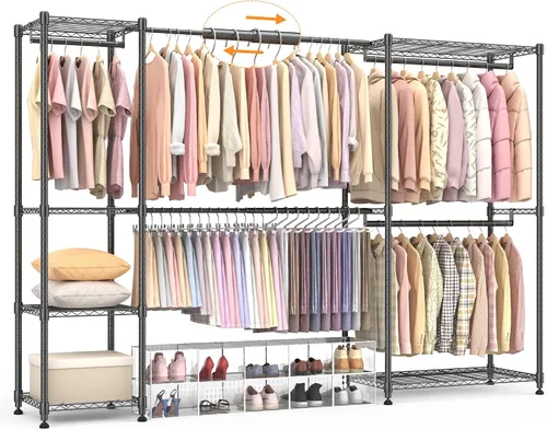 Vista 12 de Homdox Perchero resistente con varillas extensibles para colgar, perchero de metal ajustable para colgar ropa, armario independiente con estantes