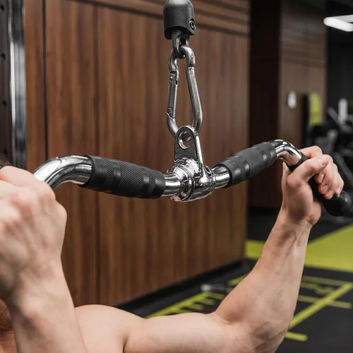 Vista 3 de Accesorio de barra dorsal para máquina de cables, barra de curl y pulldown con rotación completa y mango de goma para gimnasio, entrenamiento