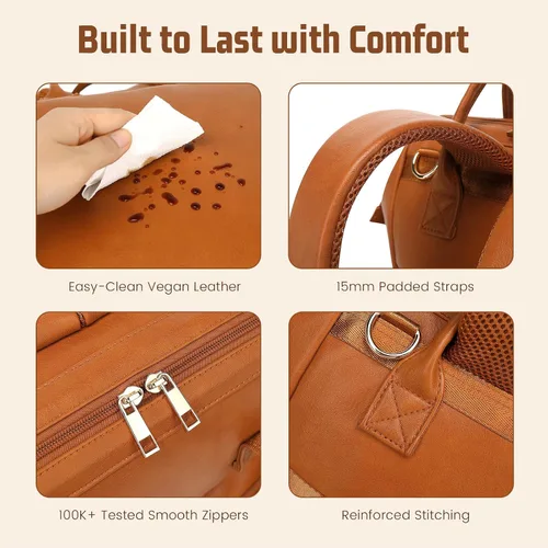 Vista 7 de ROSEGIN Mochila para pañales de piel vegana prémium con cambiador impermeable - Costuras y cremalleras reforzadas, bolsa de bebé para niño y niña