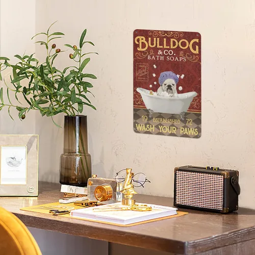 Vista 4 de Letrero de metal – Cartel de baño de Bulldog Wah Your Paws – Letreros de metal para decoración de pared para el hogar, oficina y casa de campo