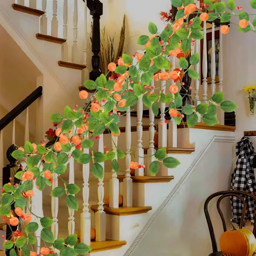 Vista 9 de Paquete de 2 flores artificiales de vid de mandarina (13 pies), guirnalda de kumquat de naranjas frutales para boda, arco, fiesta, jardín, A-1010