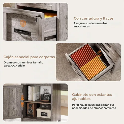 Vista 4 de Decofy L Shaped Farmhouse Executive Desk with Drawers, Grey Gris