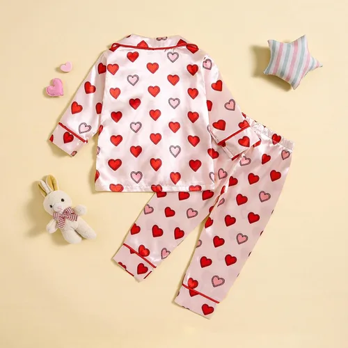 Vista 2 de TBUIALL Traje de satén de manga larga con solapa y estampado de corazón elástico para niñas pequeñas