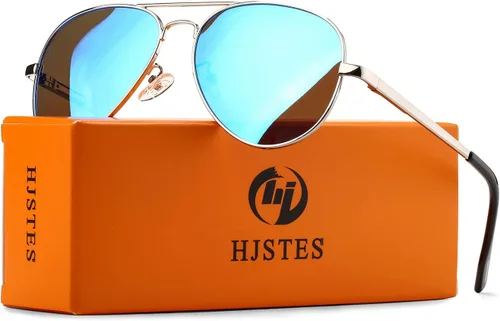 Vista 4 de HJSTES Lentes de sol polarizados estilo aviador para mujeres y hombres, lentes de espejo de metal clásicos, 100% bloqueo UV, 2.283 in