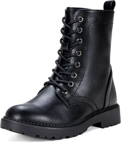 Vista 14 de Vepose Botas militares de combate para mujer, botas planas de tobillo en negro, con cremallera interior, estilo 925 Flat Short Round Toe Boots, Side