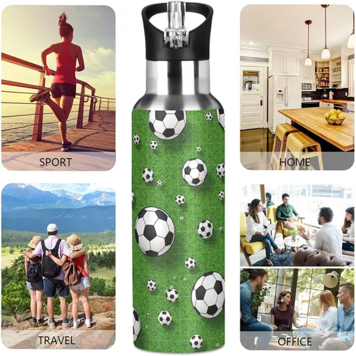 Vista 5 de Soccer Balls Green Insulated Stainless Steel Water Bottle with Straw 20 Oz Leakproof Water Bottles, BPA-Free Sport Water Bottle