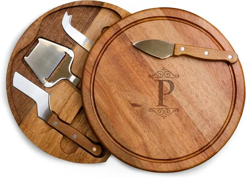Vista 16 de Tablero de corte para queso Circo personalizado con monograma de iniciales de Toscana y juego de herramientas de acacia