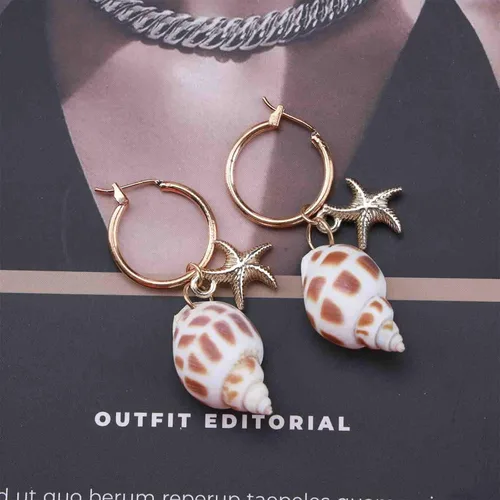 Vista 4 de Erimberate Aretes de aro de concha de concha de mar bohemios, aretes colgantes de estrella de mar dorados, aretes de concha, aretes de estrella