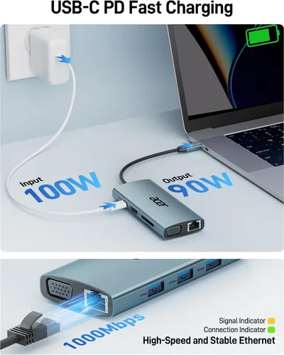 Vista 4 de Acer Hub USB C con HDMI 4k, adaptador USB C 9 en 1 a Ethernet, estación de acoplamiento USBA 3.0 de 5 Gbps, divisor VGA, lector de tarjetas SD, Gris