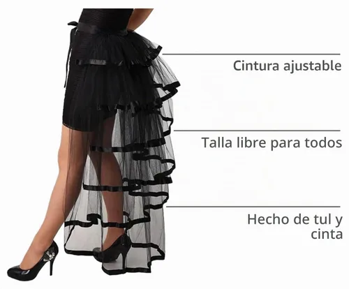 Vista 4 de Falda Victoriana Steampunk Bustle de 6 Capas con Cinturón Anudable de Tul Tutú Sobrefalda A-Negro