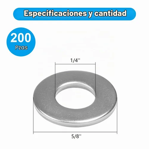 Vista 2 de 200 piezas arandelas planas de 1/4'', OD 5/8'', arandelas de acero inoxidable 304, arandelas de metal SAE para tornillos y pernos