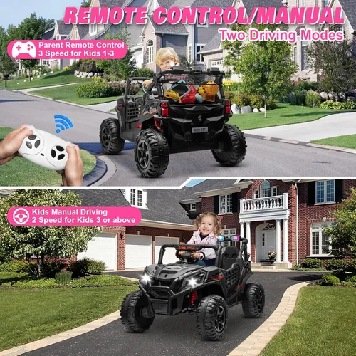 Vista 4 de Camión de 2 plazas de 24 V con 4 x 200 W, asiento espacioso de 20 pulgadas, conmutable 4WD/2WD, velocidad máxima de 5 Mph, luces arcoíris, control