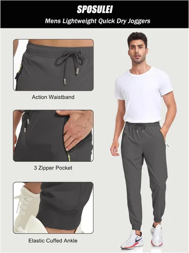 Vista 5 de SPOSULEI Mens Lightweight Athletic Joggers Hiking Sweatpants Quick Dry Running Track Gym Pants with Zipper Pockets