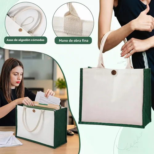 Vista 5 de 12 bolsas de yute de arpillera, bolsas de playa con asas, reutilizables, impermeables, bolsa de compras en blanco, bolsa de regalo de lona