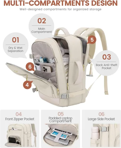 Vista 3 de LOVEVOOK Mochila de viaje para mujer y hombre, Beige, Mochilas de viaje