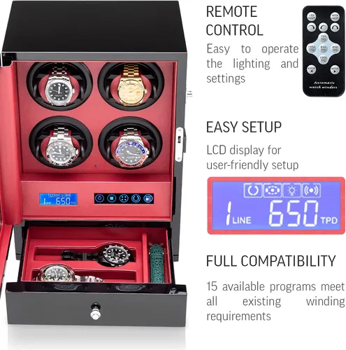 Vista 3 de Enrollador de relojes para 4 relojes con 15 programas de bobinado y 2 cajones de almacenamiento para relojes.