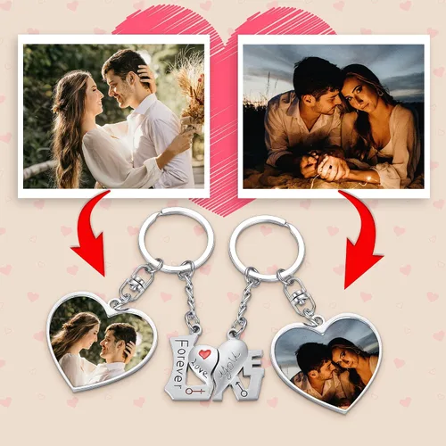 Vista 2 de PiercingJ Juego de 2 llaveros de fotos personalizados para él y ella grabado de doble cara colgante de imagen colorida para parejas llaveros