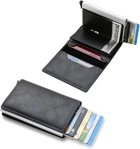 Vista 2 de TEAMWILL Cartera delgada de cuero con bloqueo RFID de fibra de carbono para hombre, Negro -, Minimalista