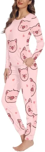 Vista 2 de Pijamas de cerdo rosa para mujer, conjunto de ropa de dormir de manga larga con cuello redondo y pantalones largos