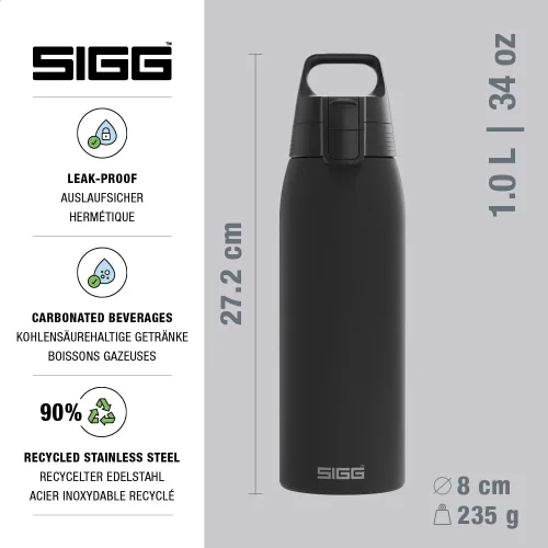 Vista 2 de SIGG - Botella de agua reutilizable - Shield ONE - A prueba de fugas - Reciclable - Sin BPA - Negro - 34 Oz