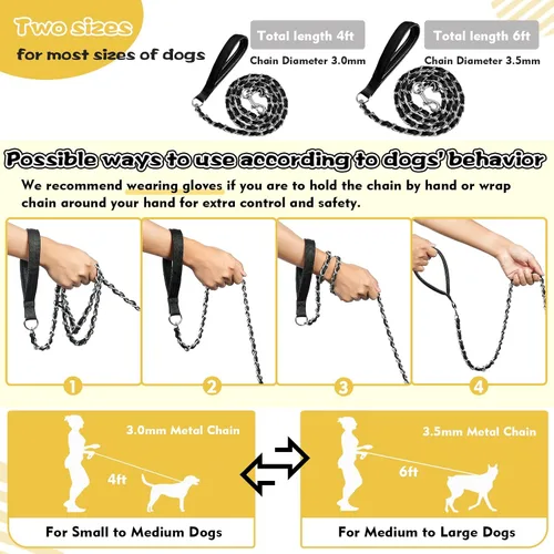 Vista 5 de Correa de Cadena para Perro a Prueba de Mordeduras, Correa de Cadena de Metal y Cuerda de Nylon para Perro con Mango Acolchado, Correas Resistentes