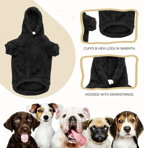 Vista 2 de Suéteres de vellón y sherpa para perros pequeños, mullidos, suaves, de doble cara, afelpados, con capucha, negro, XS