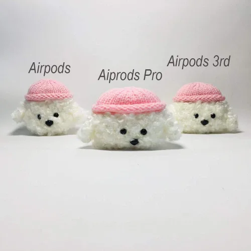 Vista 3 de Lindo estuche de felpa suave hecho a mano de piel blanca esponjosa para perros y perritos de peluche para Airpods2 Airpod de dibujos animados