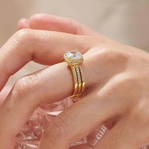 Vista 4 de Juego de anillos de compromiso de boda de 2.66 quilates para mujer, de plata de ley 925, con forma de halo de circonita, anillos de boda para ella