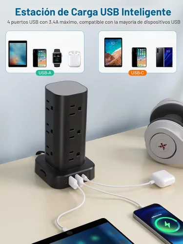 Vista 5 de Regleta de alimentación con cargador inalámbrico, protector de sobretensiones de enchufe plano con cable de extensión de 6 pies, 12 tomas