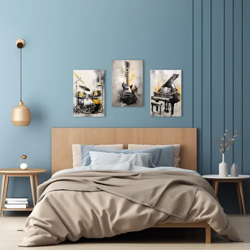 Vista 3 de QIXIANG Lienzo decorativo de pared para amantes de la música, 3 piezas, guitarra negra y dorada, piano y batería, impresiones de imágenes