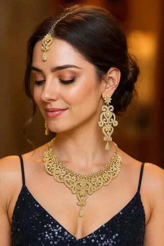 Vista 11 de Conjunto precioso de collar con look real Indian Bollywood, maravillosamente decorado, conjunto de collar adornado para mujer.