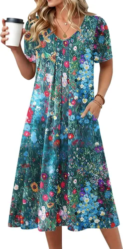 Vista 12 de Zeagoo Vestido de verano para mujer, casual, floral, midi, con bolsillos, cuello en V, plisado, manga corta, estilo alineado, para vacaciones