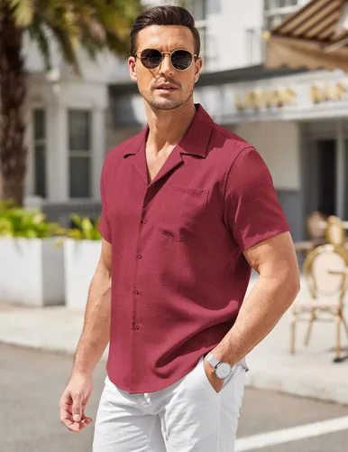 Vista 2 de COOFANDY Men Linen Shirts Beach Cuban Collar Shirts Summer Wedding Shirts Vacation Holiday
