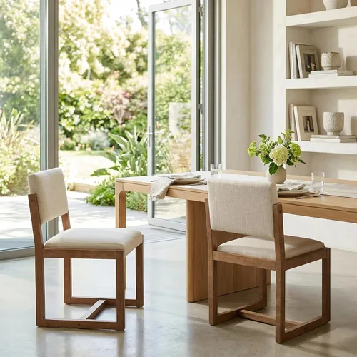 Vista 3 de DUOMAY Juego de 2 sillas de comedor tapizadas, sillas de comedor modernas de mediados de siglo, sillas auxiliares de cocina de tela de lino con Beige