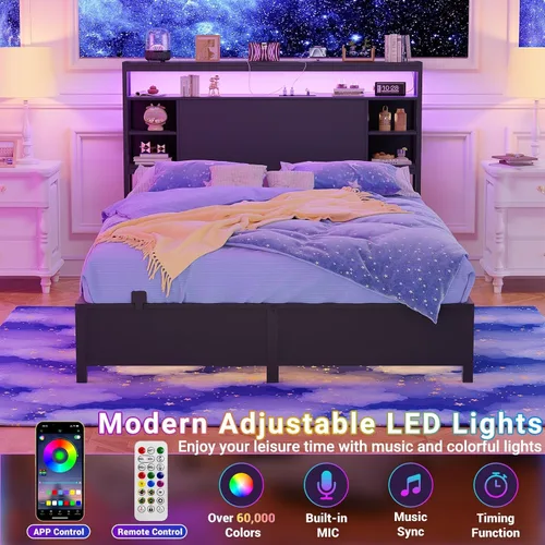 Vista 6 de Unikito Cabecera de tamaño completo con almacenamiento, cabecera con enchufes y luz LED RGB, cabeceras resistentes para cama de tamaño completo