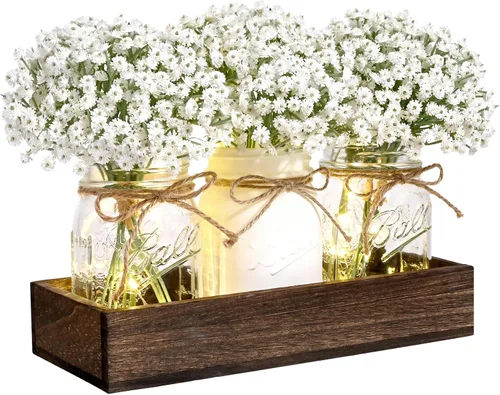 Vista 10 de BLEUM CADE Decoración de mesa de centro de mesa, 3 piezas de flores artificiales de hortensias en frascos Mason con bandeja de madera para mesa