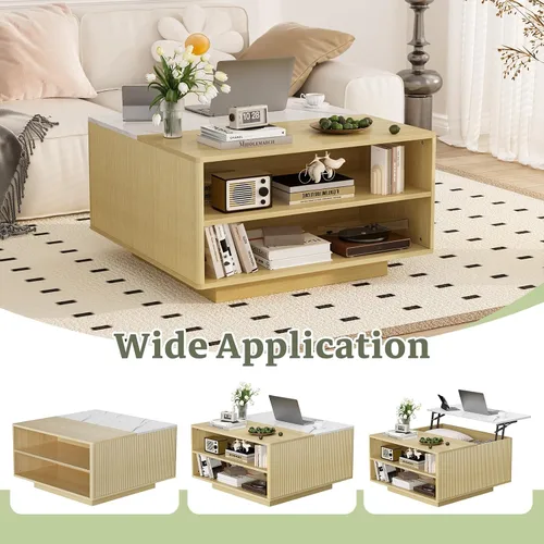 Vista 6 de Mesa de centro elevable con almacenamiento, mesa cuadrada central de madera natural estriada con almacenamiento abierto, mesa central para sala