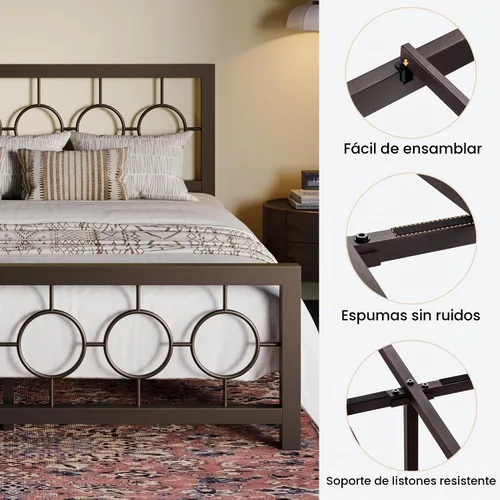 Vista 6 de SHA CERLIN Marco de cama de metal tamaño King con cabecera y pie de cama de diseño circular vintage, no requiere somier, fácil montaje, sin ruido