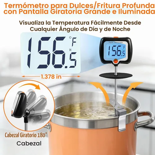 Vista 3 de Termómetro digital para dulces de 10 pulgadas de largo con clip para olla, termómetro para freír profundo, pantalla giratoria, el mejor termómetro