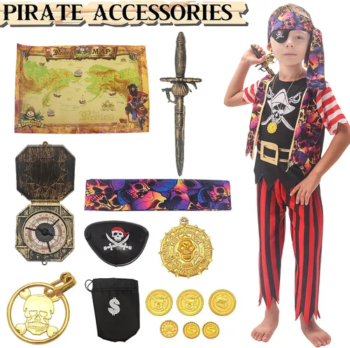 Vista 2 de FUNCREVITY Disfraz de pirata para niños, abrigo, pantalones, sombrero con accesorios, juego de lujo para fiesta pirata, cosplay de pirata