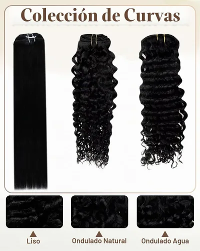Vista 5 de Hetto . Extensiones de cabello humano rizado con clip, color #1 negro azabache, extensiones de cabello humano ondulado natural para cabeza completa