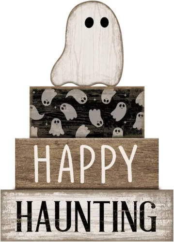 Vista 46 de Lineshading 4 piezas de decoración de mesa de Halloween espeluznante café apilado, decoración de bloques apilados de madera, letreros con tapa