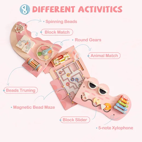 Vista 7 de ROBOTIME Tablero Ocupado de Cocodrilo Paneles de Pared para Niños Pequeños, Tablero de Actividades Sensoriales Montessori Rosa, Centro