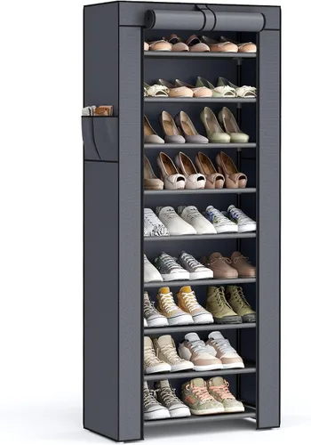 Vista 9 de SONGMICS Estante para zapatos de 10 niveles, gabinete de almacenamiento con cubierta a prueba de polvo, organizador de almacenamiento independiente