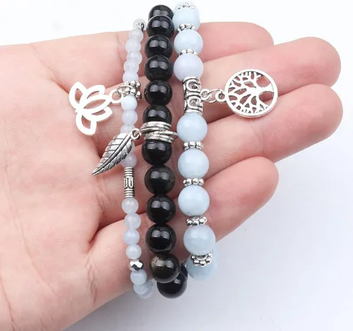 Vista 4 de UEUC - Pulseras Reiki, apilables, de piedras curativas, cristales, con dije del árbol de la vida, yoga y hoja de loto, contra la ansiedad