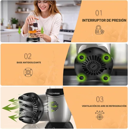 Vista 3 de TechRise Licuadora personal de 600 W, licuadora de batidos con 2 vasos portátiles de 17 onzas con tapas para sorbos, hoja de acero inoxidable