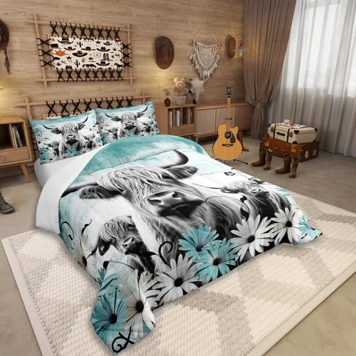 Vista 2 de Erosebridal Juego de edredón con estampado de vaca de las Highland, juego de ropa de cama de granja occidental verde azulado, decoración rústica