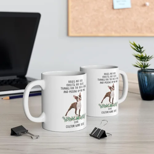 Vista 5 de Regalos divertidos para los amantes de las mascotas Boston Terrier White Borwn con nombre personalizado Roses Are Red Violets Are Blue Dog Christmas